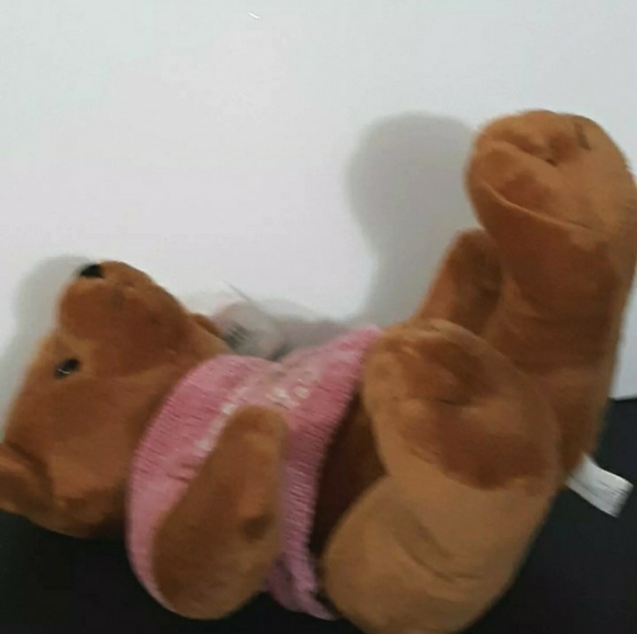 Vtg 10" Bear T Design Vegas Bear toy Stuffed Animal Animal tag's pink sweater - Picture 6 of 11